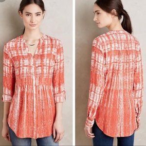 Maeve Calia Abstract Long Sleeve Button Down Tunic Blouse Orange White Size 6